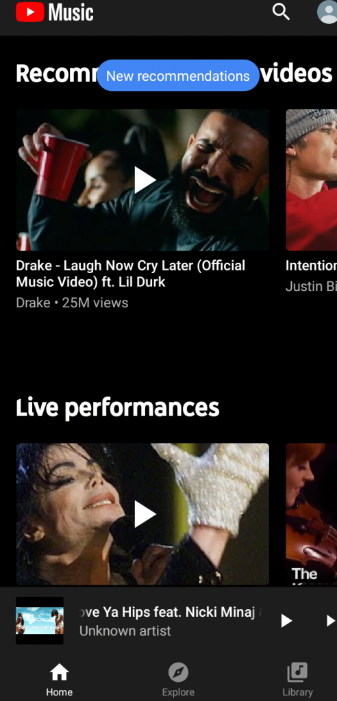 YouTube Music App Home Tab