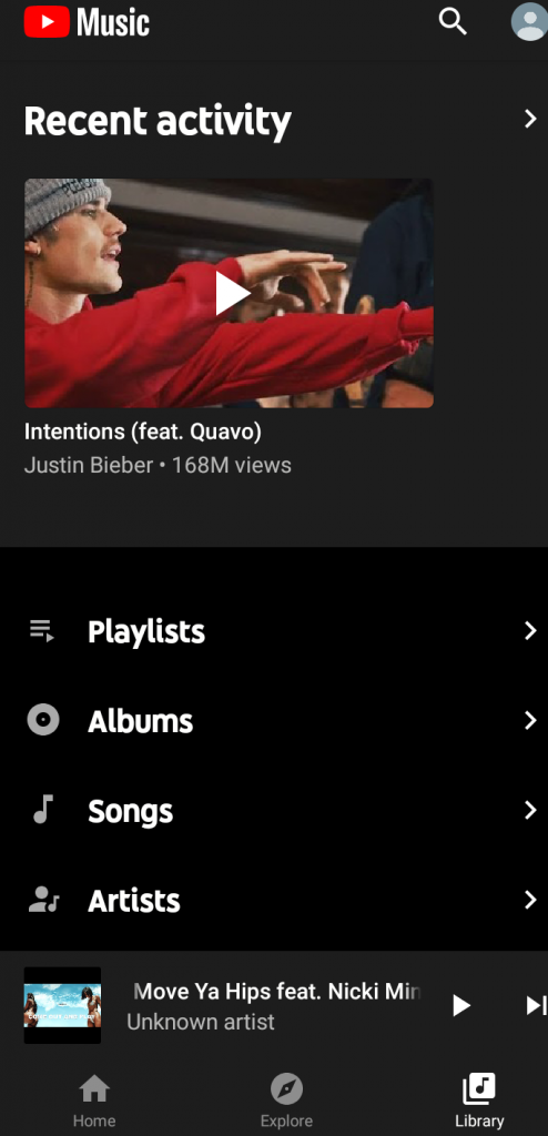 YouTube Music App Library Tab