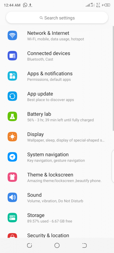 Android 9 Settings tab